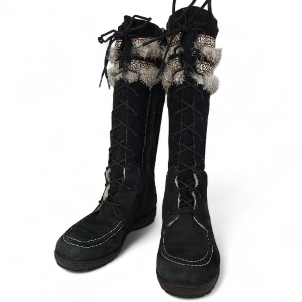 SAUTE-MOUTON Black Suede Wool-Lined Wapiti Boots real fur trim size 36 (us 6)